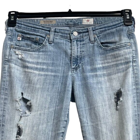 AG SZ 29 Stevie Ankle Jeans Slim Straight Distressed Rips Mid-Rise Pockets Blue - Picture 2 of 12